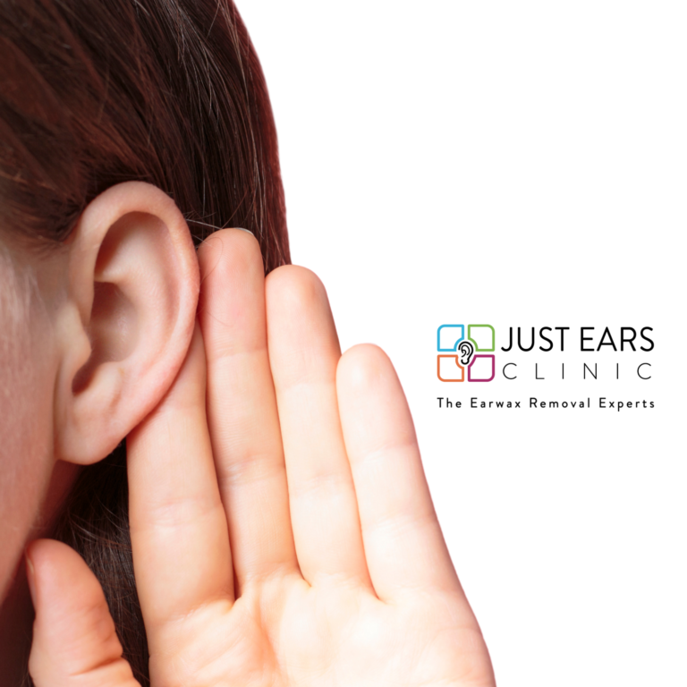 Girl holding her ear with Just Ears logo beside